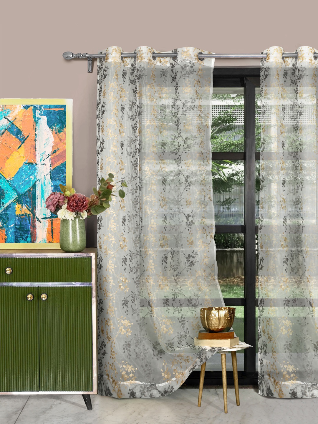 

ROSARA HOME Beige & White Set of 2 Long Door Curtains