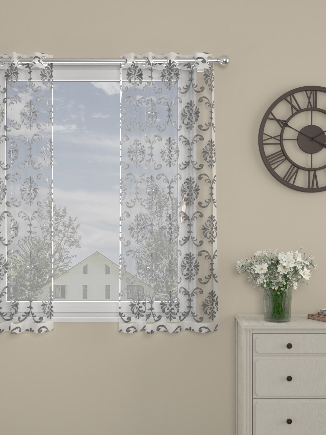 

ROSARA HOME Silver-Toned & White Single Sheer Window Curtain