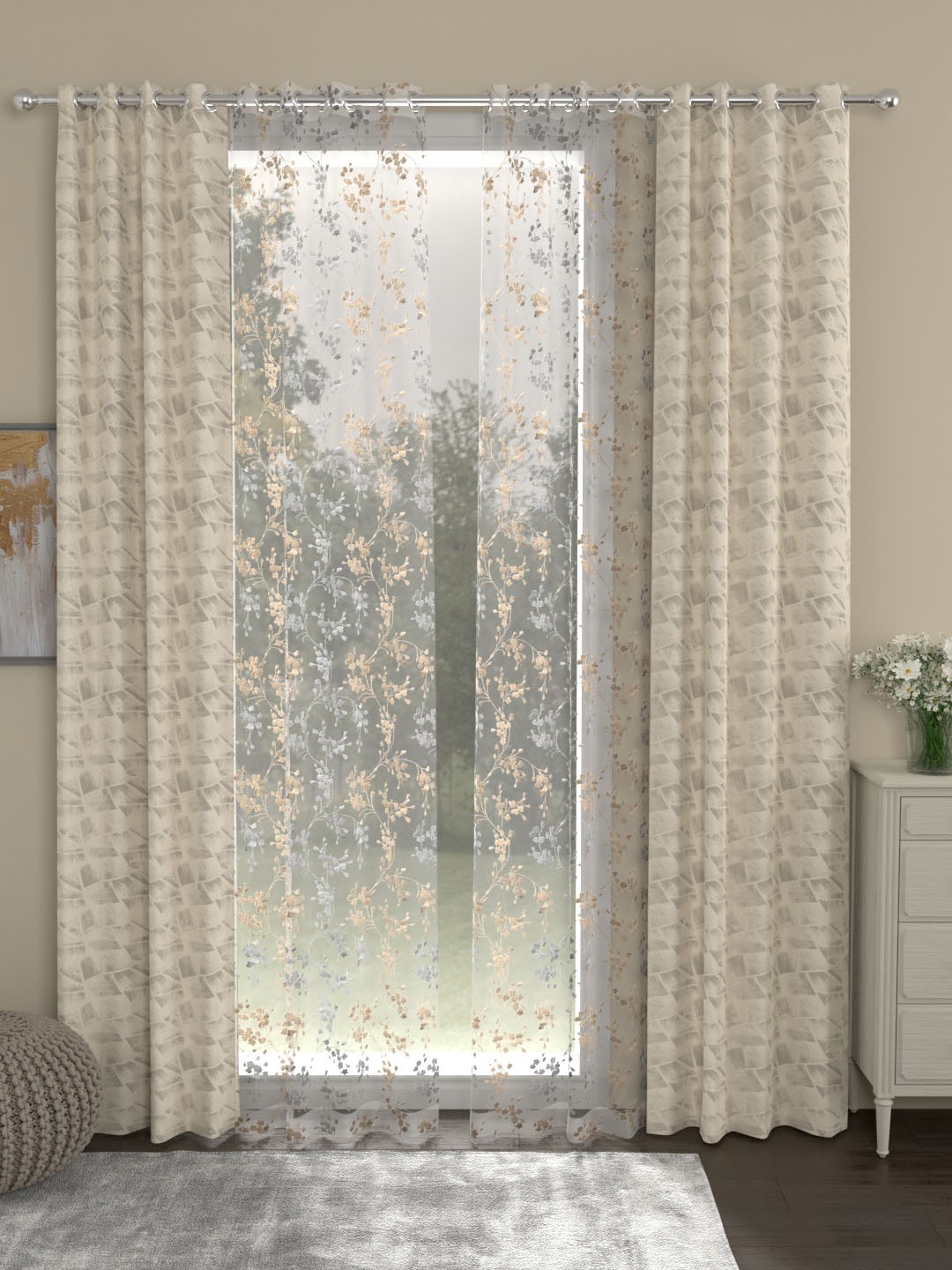 

ROSARA HOME Beige & Grey Set of 4 Door Curtains