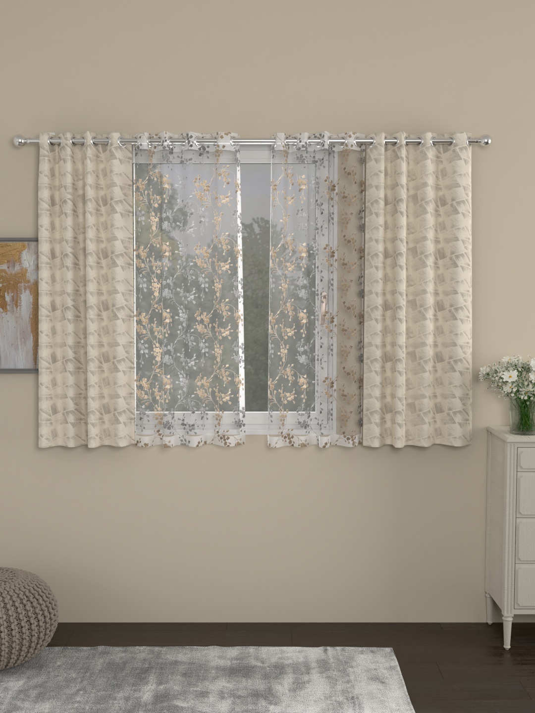 

ROSARA HOME Beige & Grey Set of 4 Window Curtains