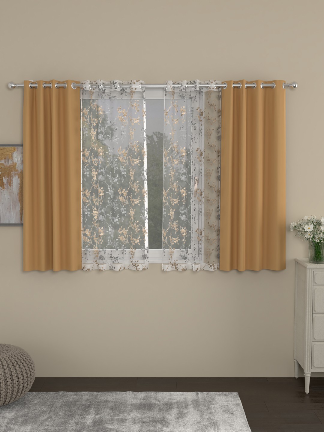 

ROSARA HOME Beige & White Erba Mimosa Pack of 4 Window Curtains