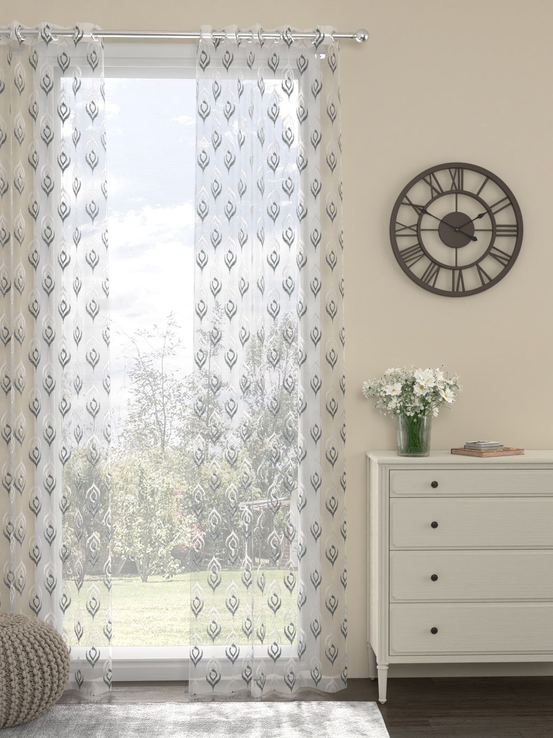 

ROSARA HOME Grey & White Single Sheer Door Curtain