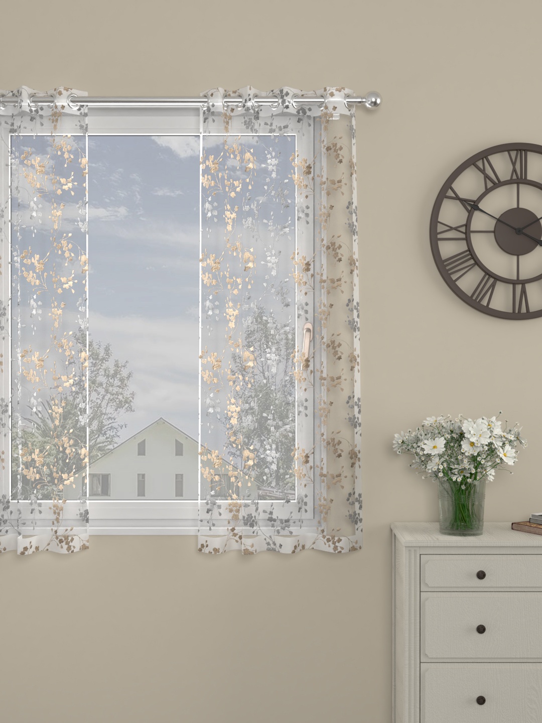 

ROSARA HOME Single Off-White & Gold-Toned Sheer Window Curtain