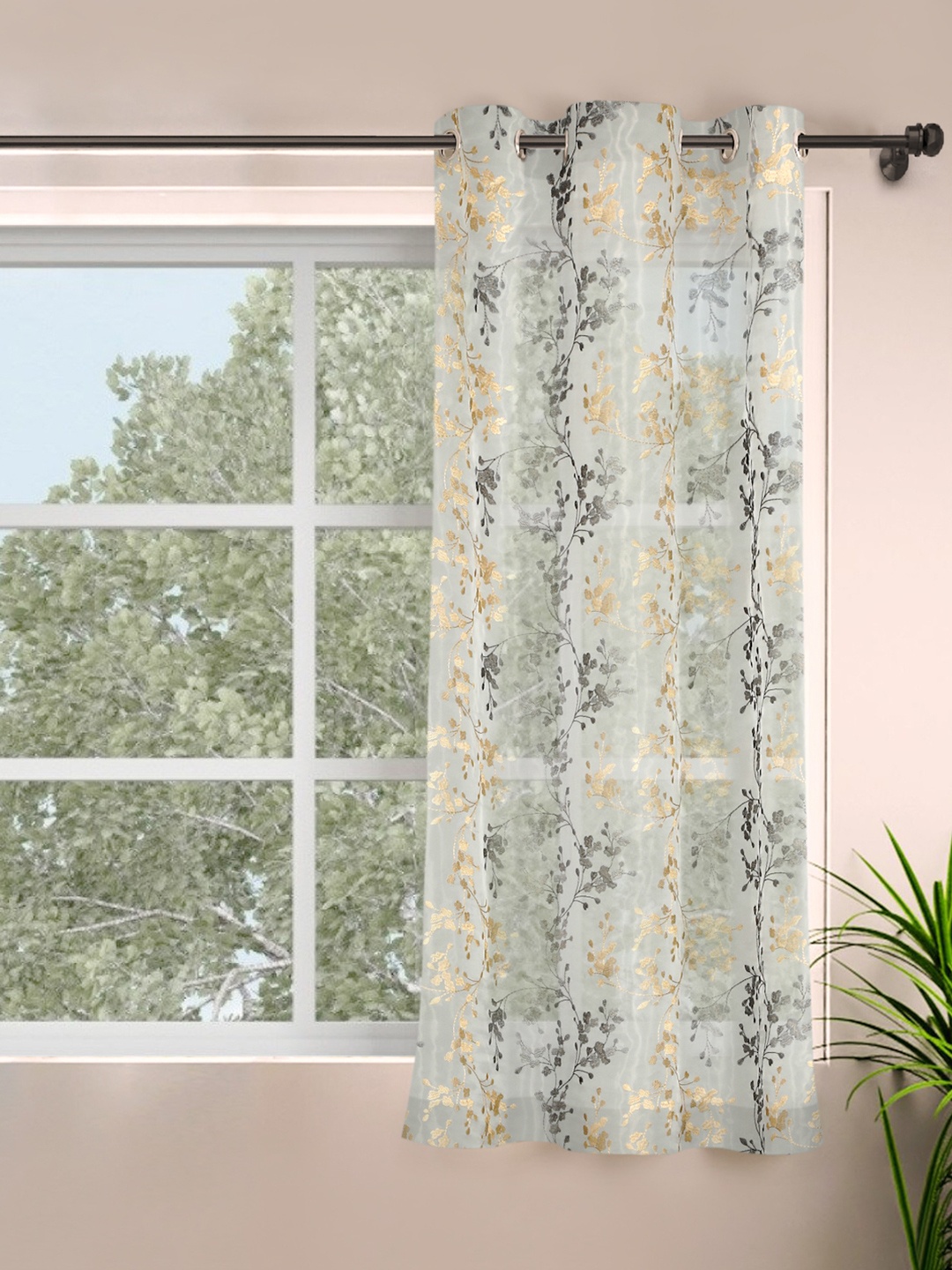 

ROSARA HOME Single Off-White & Gold-Toned Sheer Window Curtain