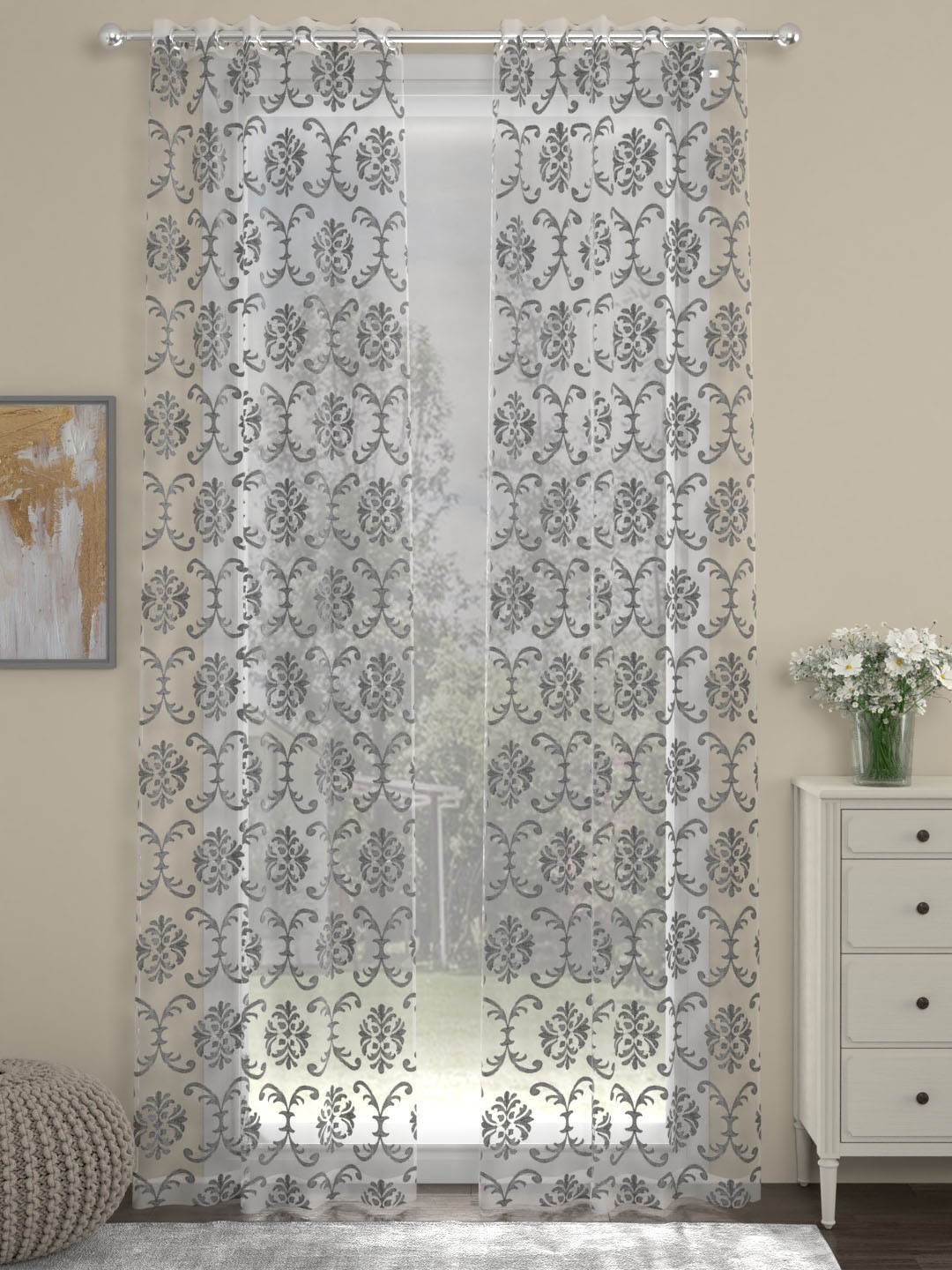 

ROSARA HOME Silver-Toned & White Set of 2 Sheer Long Door Curtains