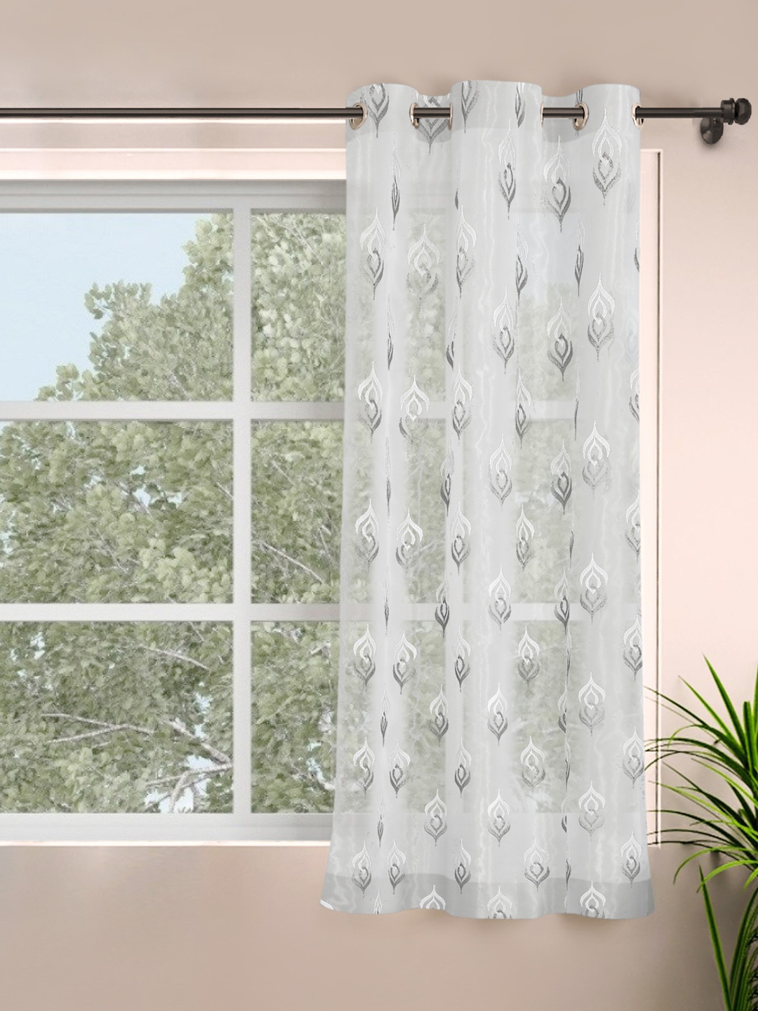 

ROSARA HOME Grey & White Single Sheer Window Curtain