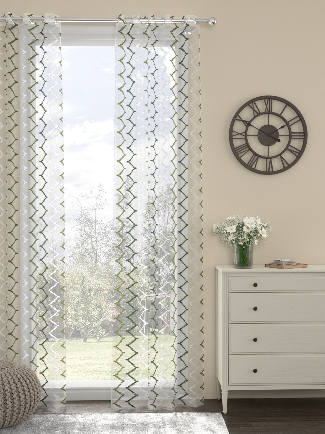 

ROSARA HOME Single Off-White & Green Sheer Long Door Curtain