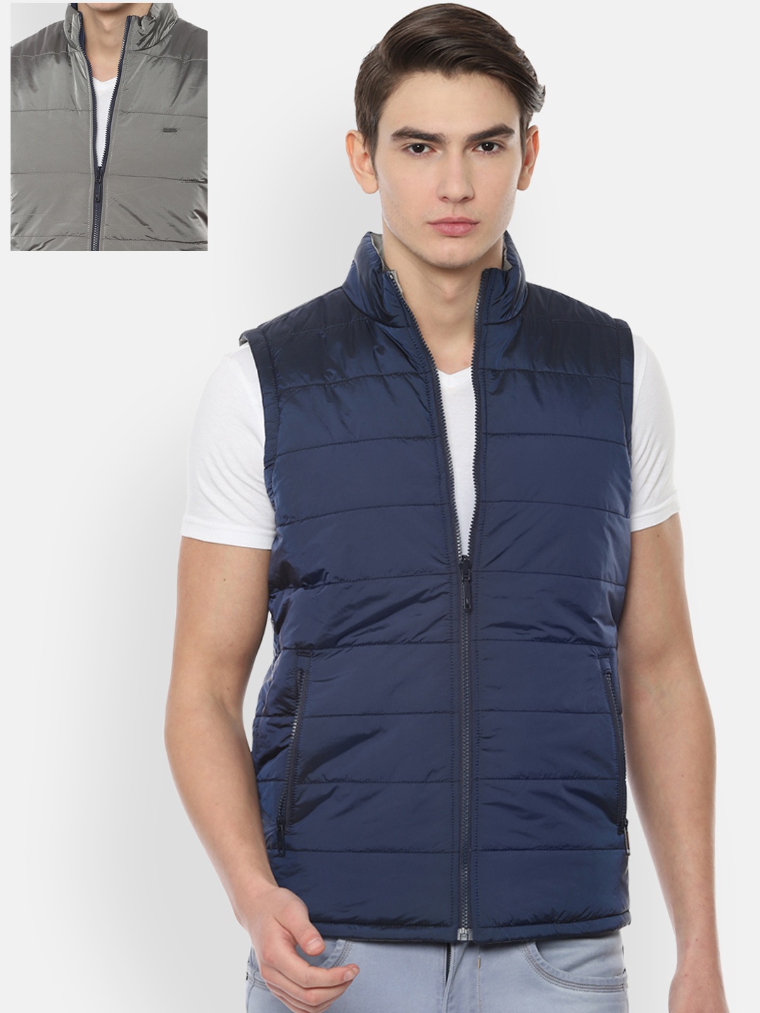 

Van Heusen Sport Men Navy Blue Solid Reversible Windcheater Puffer Jacket