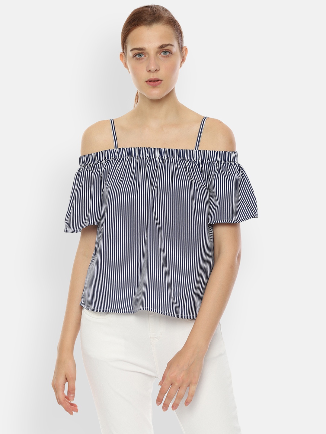 

Van Heusen Woman Navy Blue & White Striped A-Line Top