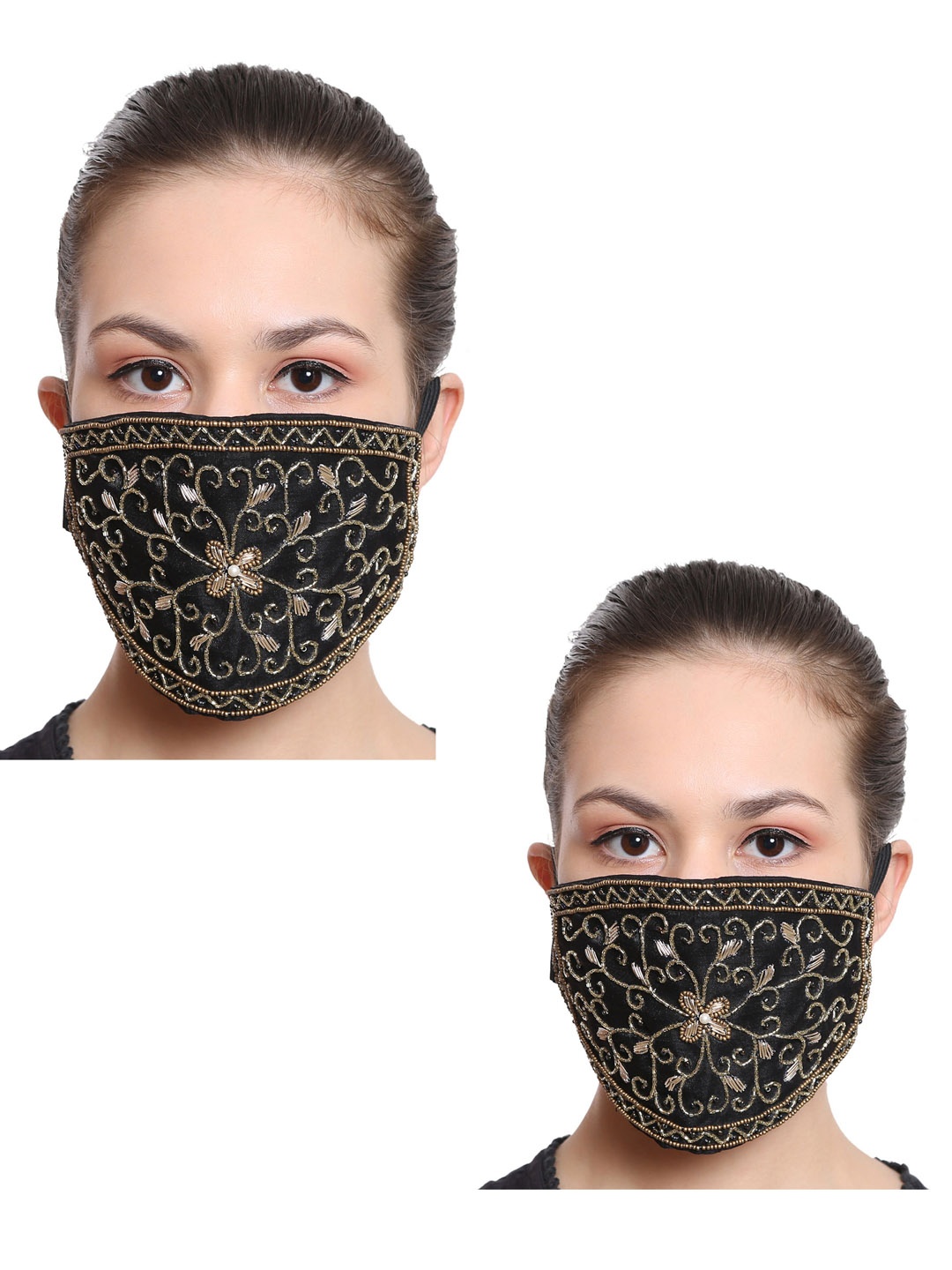 

Anekaant Women 2 Pcs 3-Ply Reusable Art Silk Embroidered Face Mask, Black