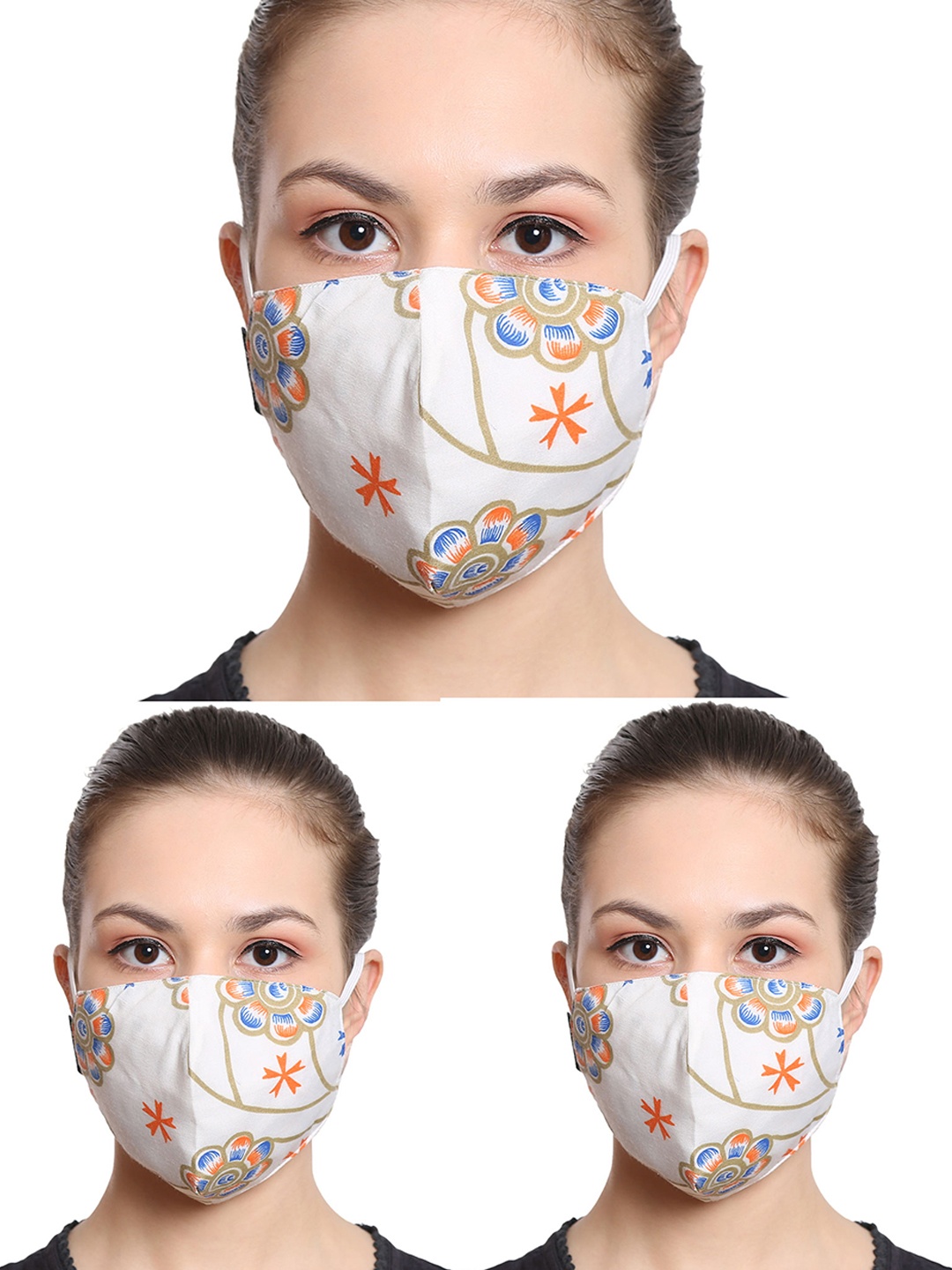 

Anekaant Pack Of 3 White & Multi 3-Ply Reusable Cotton Floral Print Fabric Fashion Mask