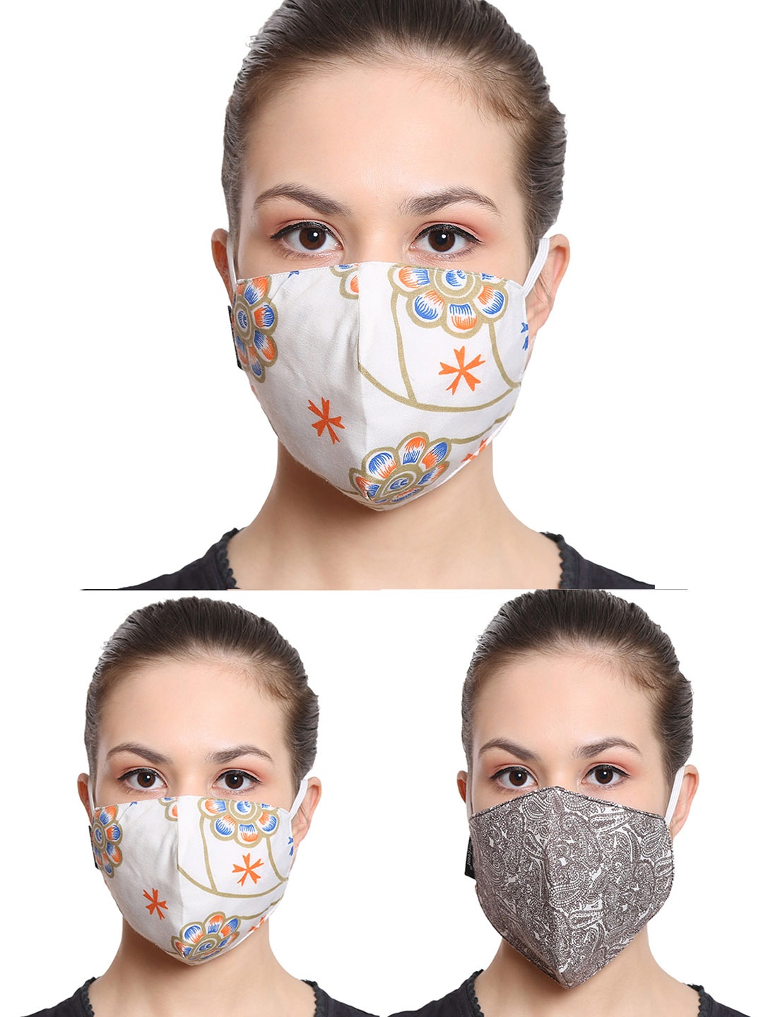 

Anekaant Women 3 Pcs Printed 3-Ply Reusable Cloth Masks, White