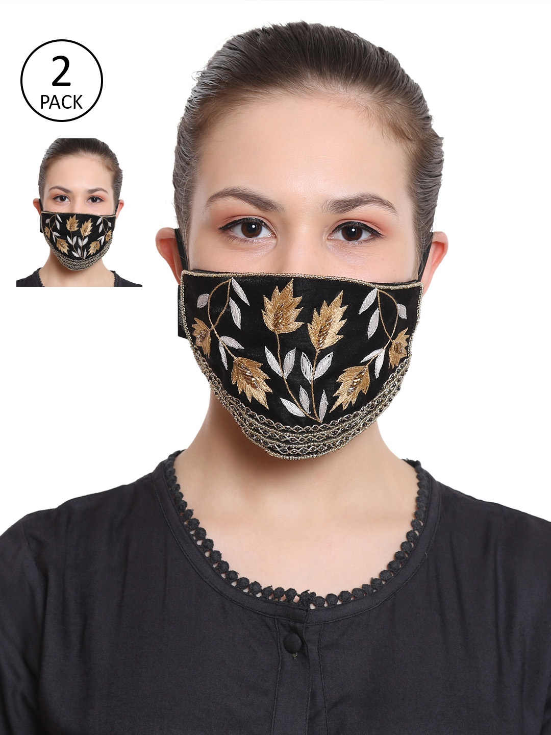 

Anekaant Set Of 2 Reusable 3-Ply Art Silk Embroidered Fabric Fashion Outdoor Mask, Black