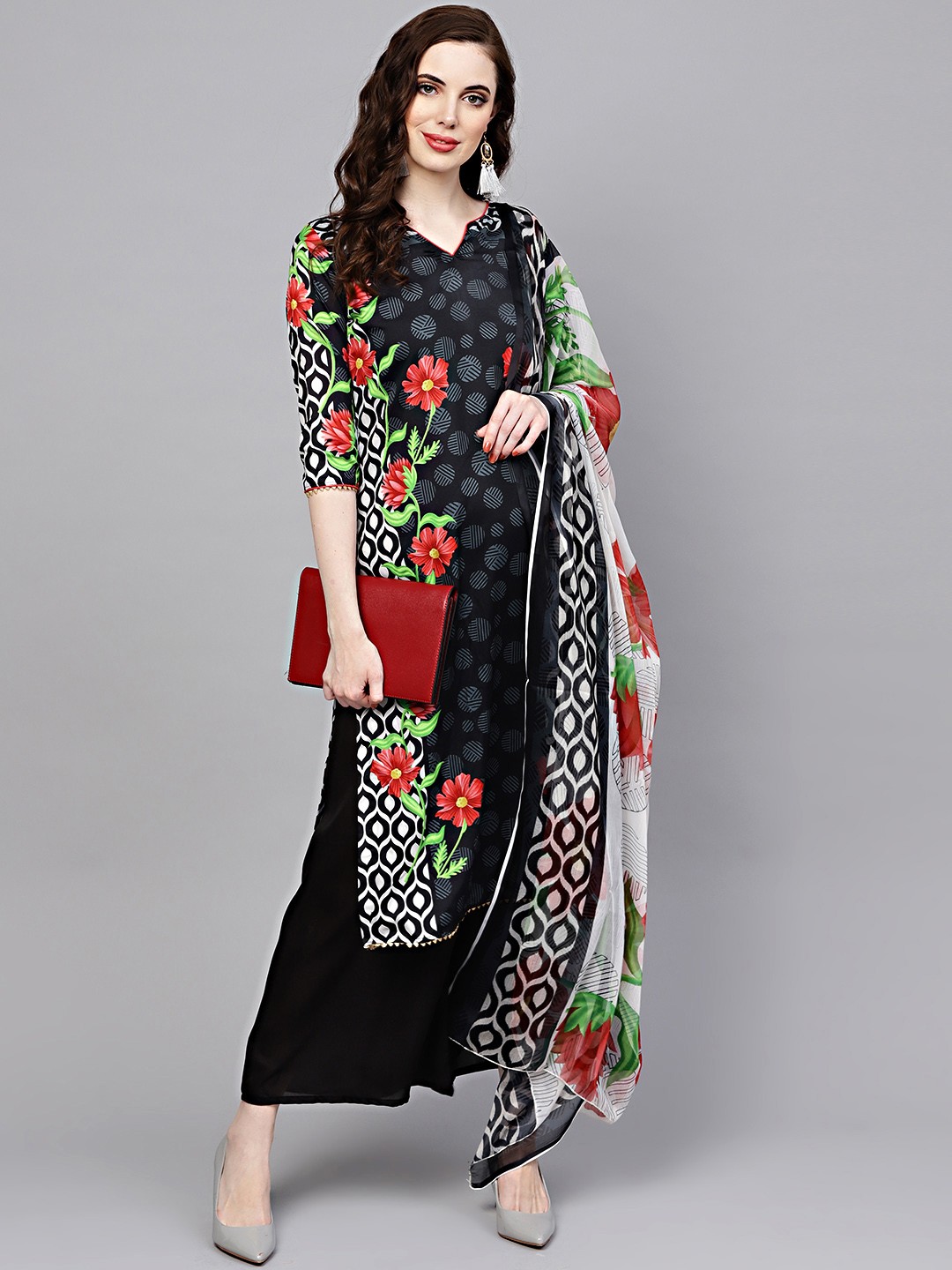 

Chhabra 555 Women Black Floral Printed Kurta with Trousers & Dupatta