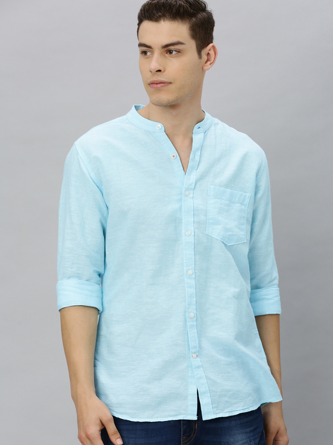 

Mast & Harbour Men Blue Regular Fit Solid Sustainable Casual Cotton Linen Shirt