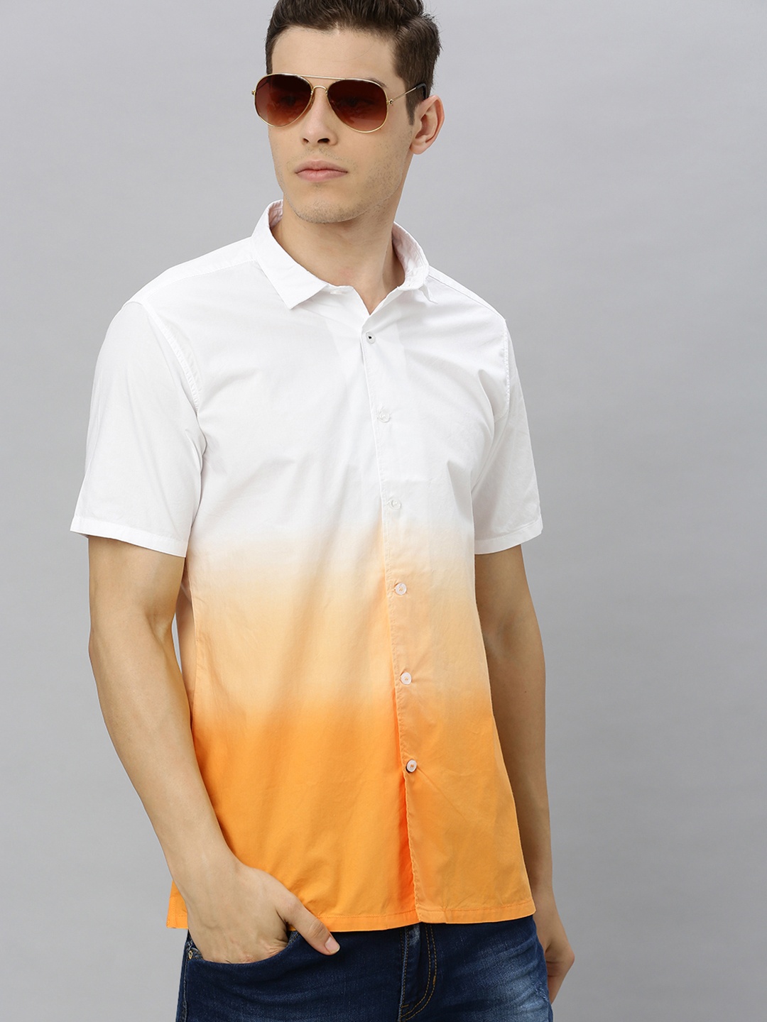 

Mast & Harbour Men White & Mustard Yellow Slim Fit Ombre Dyed Casual Shirt