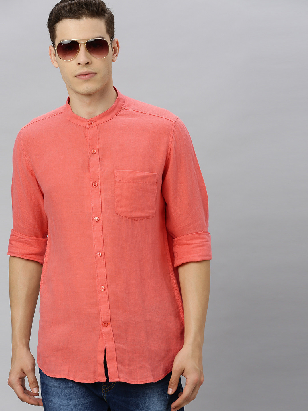 

Mast & Harbour Men Coral Orange Slim Fit Solid Linen Casual Shirt