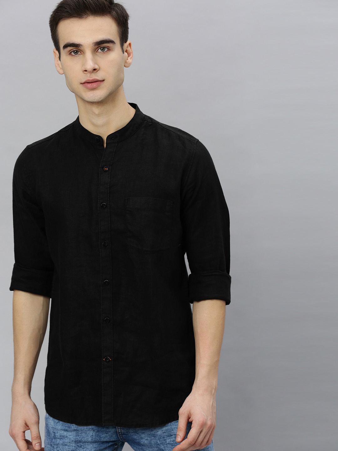 

Mast & Harbour Men Black Regular Fit Solid Casual Linen Shirt