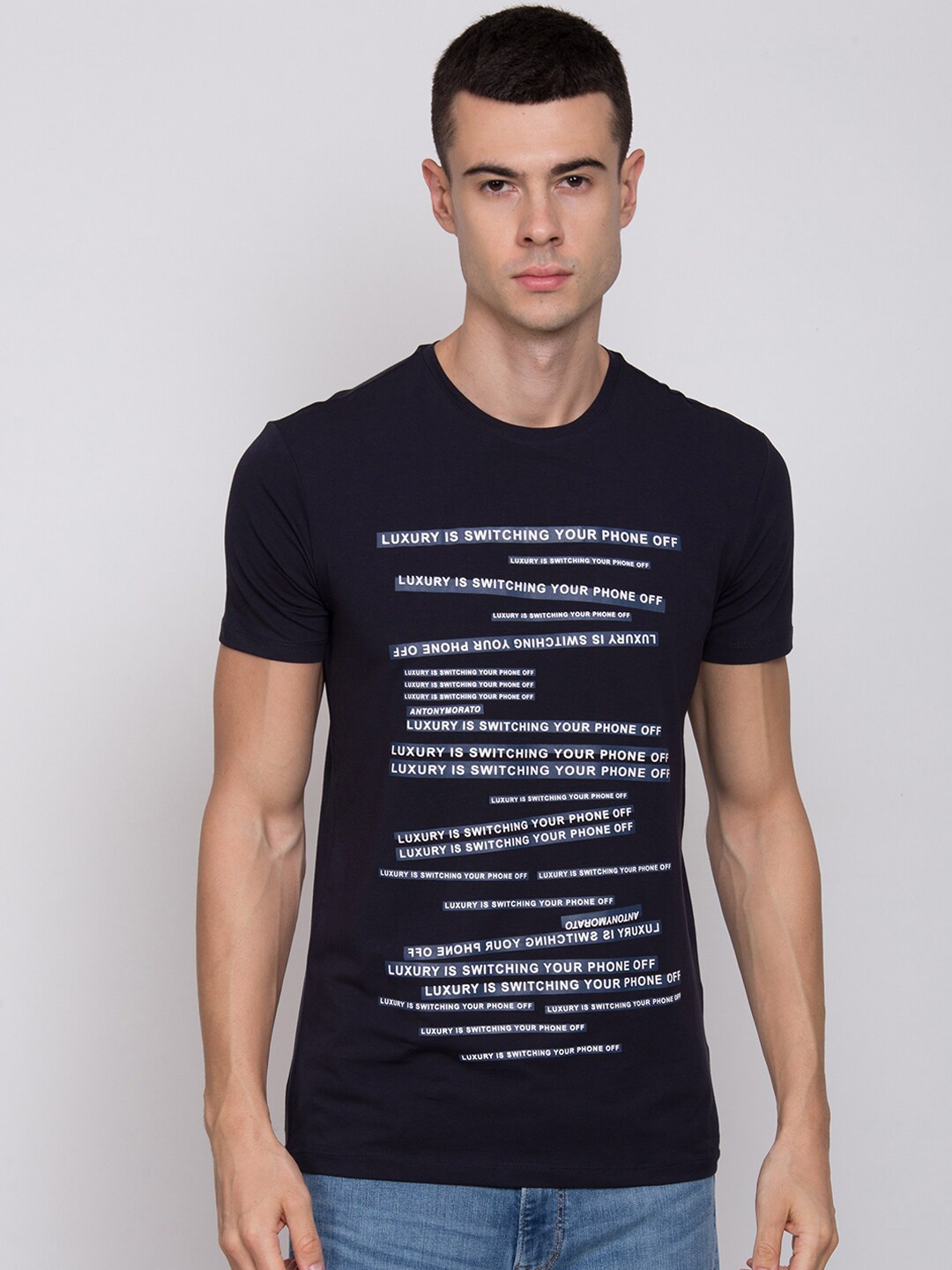 

Antony Morato Men Navy Blue Printed Round Neck T-shirt