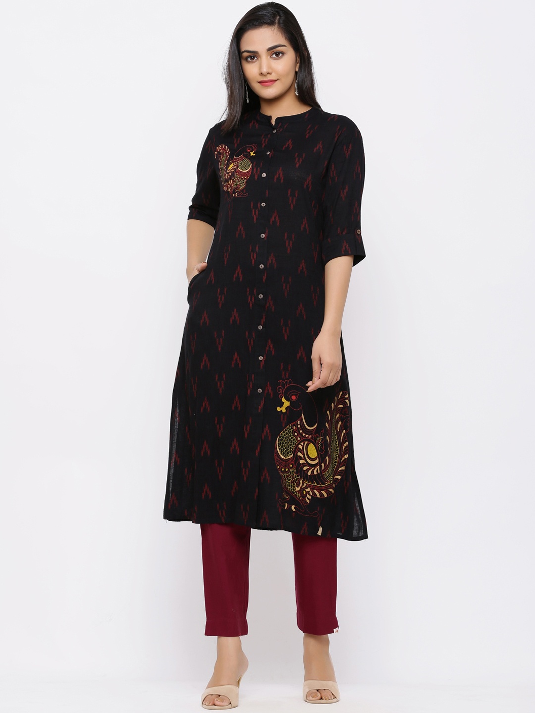 

Juniper Women Black & Burgundy Embroidered Straight Kurta