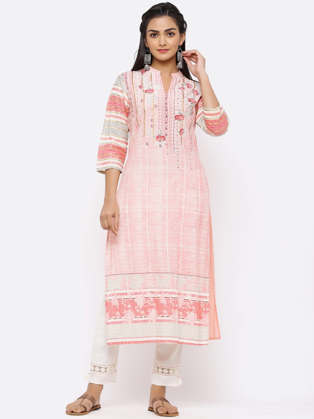 

Juniper Women Off-White & Pink Floral Embroidered Straight Kurta