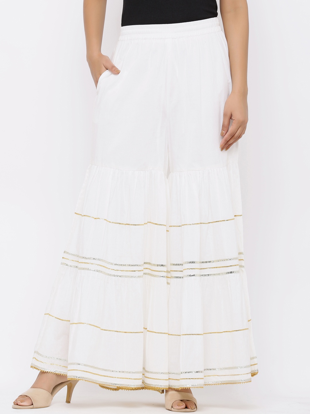 

Juniper Women White & Gold-Coloured Embellished Flared Sharara