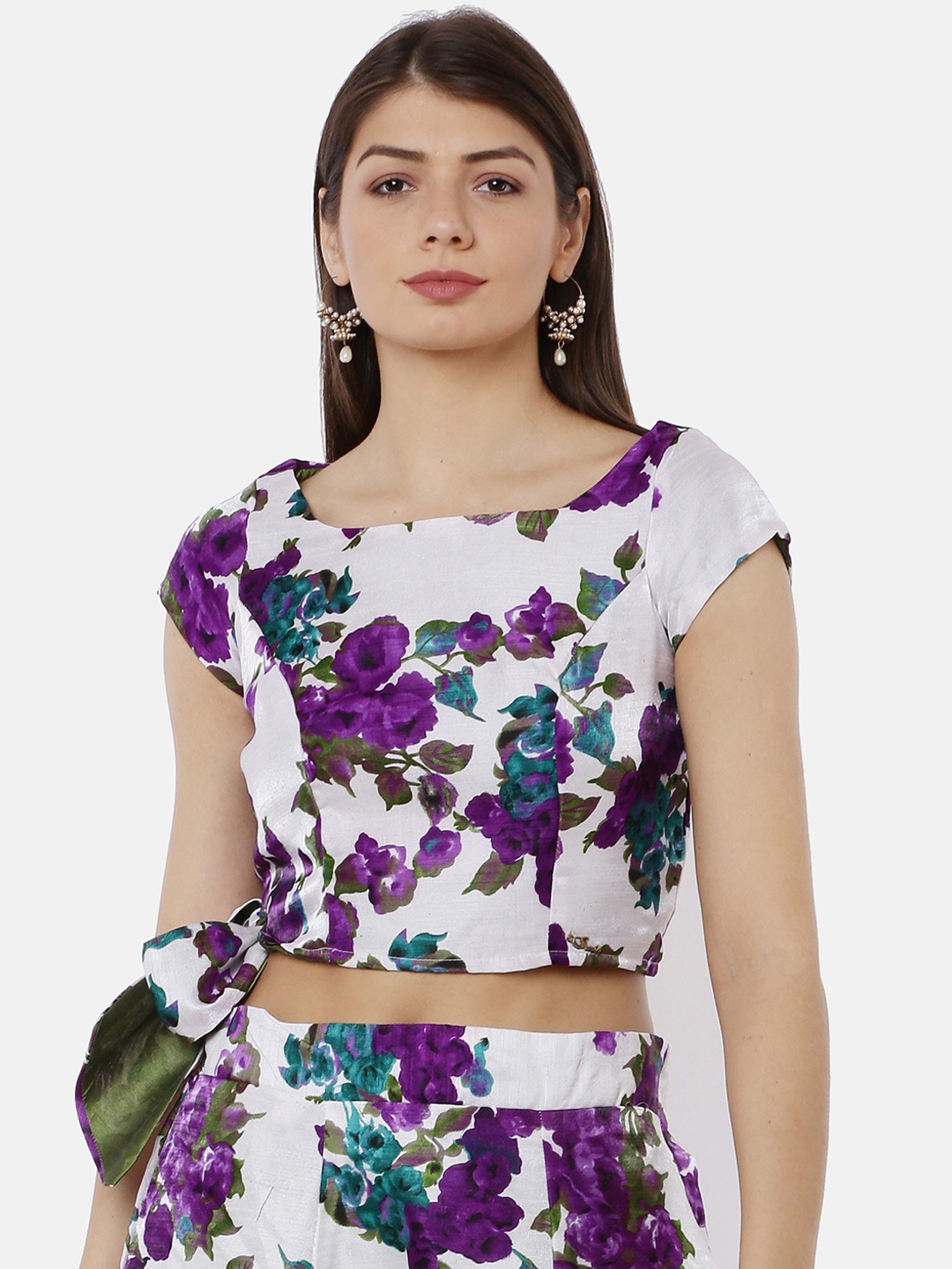 

Ira Soleil Women White & Purple Printed Crop Top