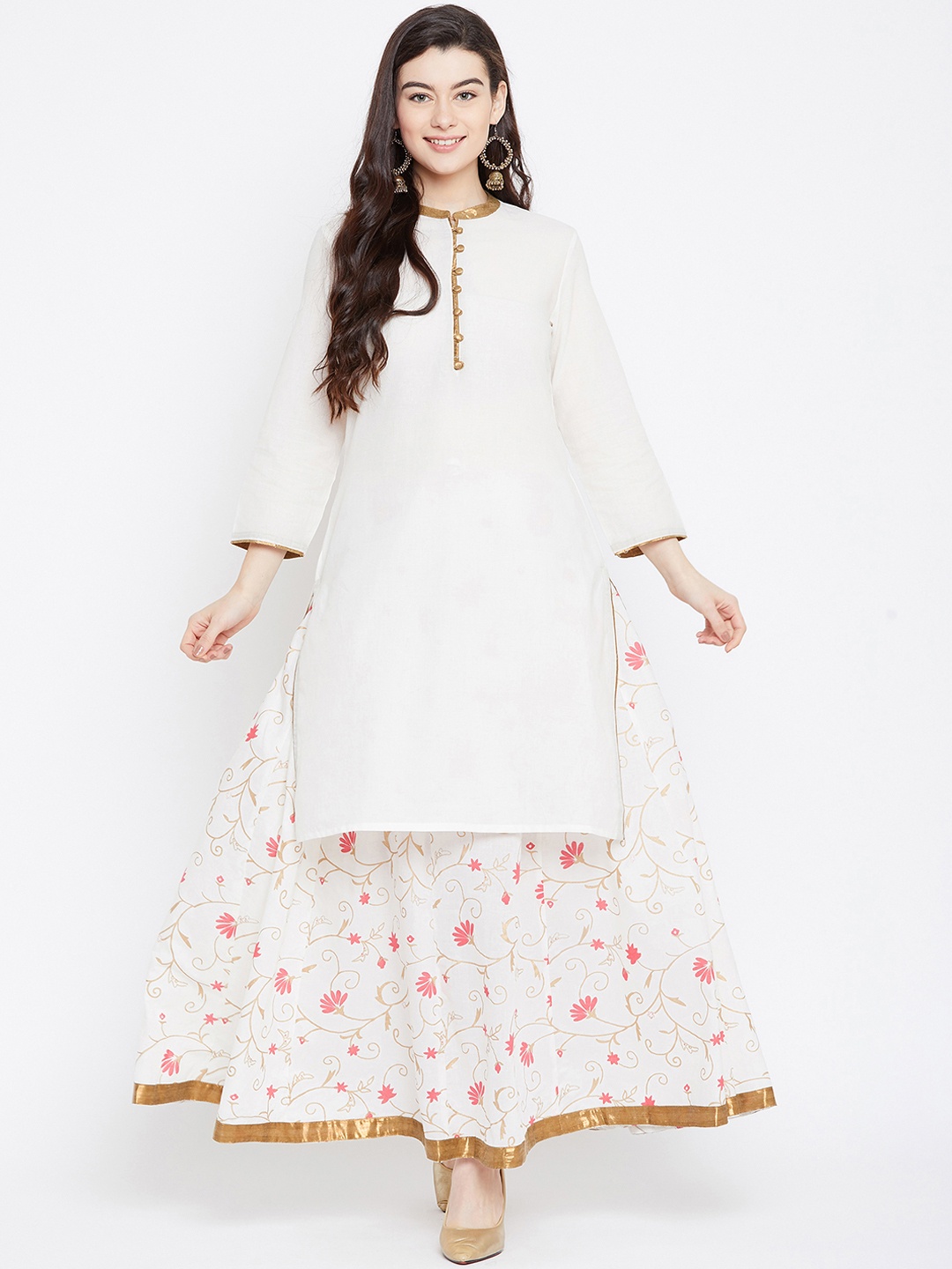 

Tulsattva Women White Solid Kurta with Skirt