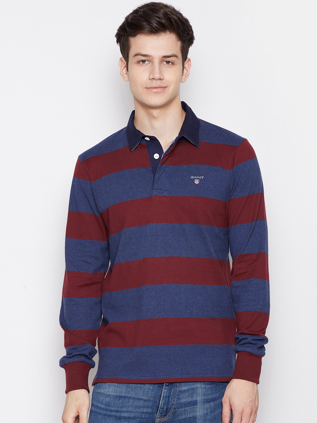 

GANT Men Navy Blue & Maroon Striped Polo Collar T-shirt