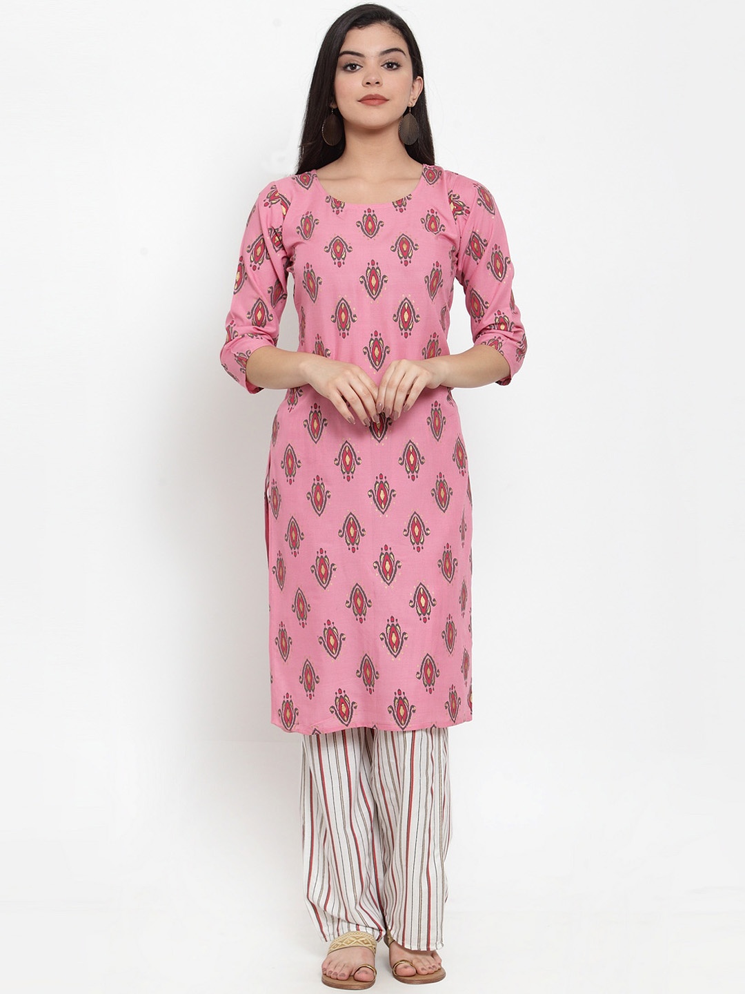 

ANAISA Women Pink & White Printed Kurta with Palazzos