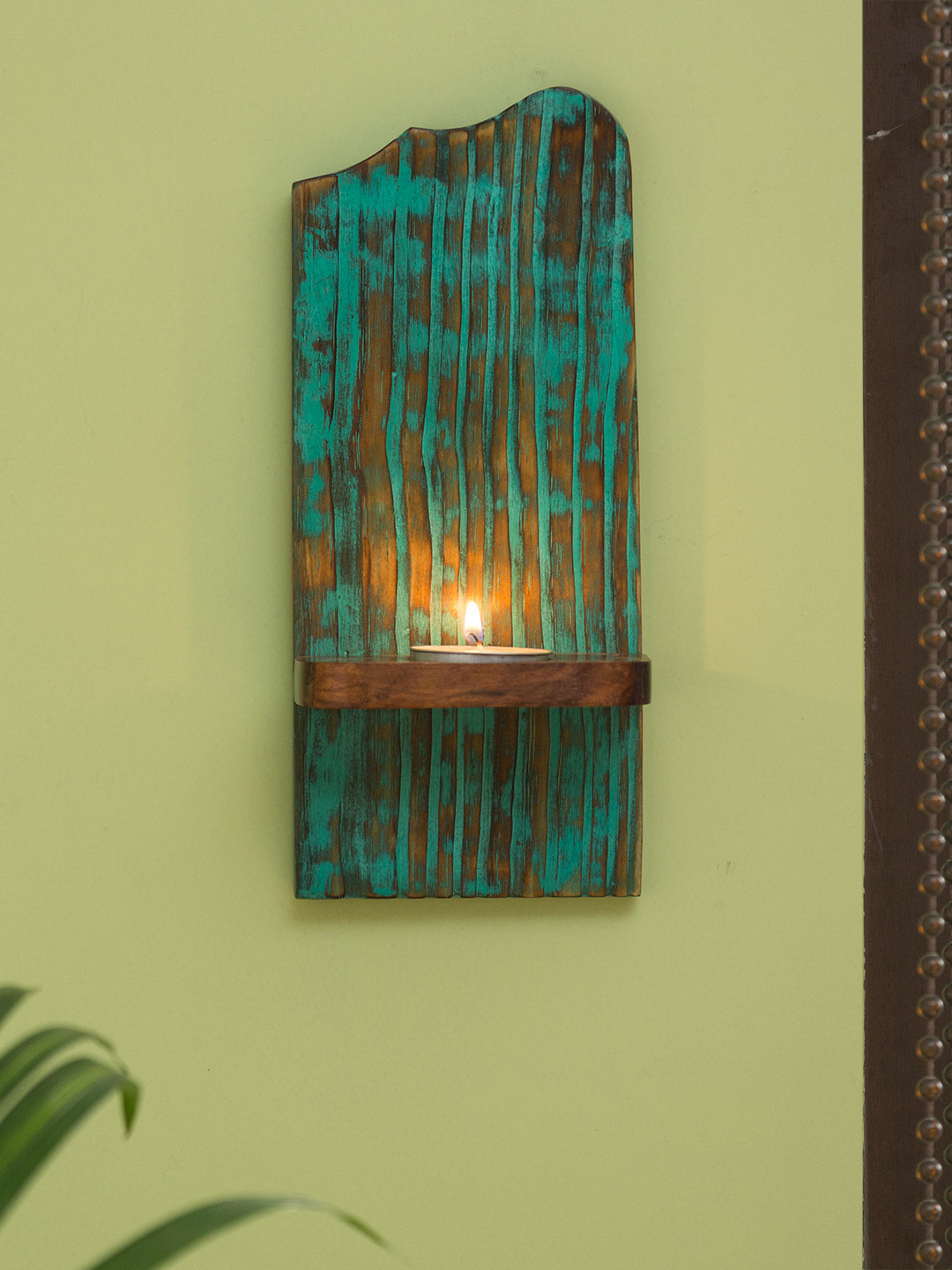 

ExclusiveLane Rustic Radiance Antique Sheesham Wooden Wall Tea Light Candle Holder, Teal