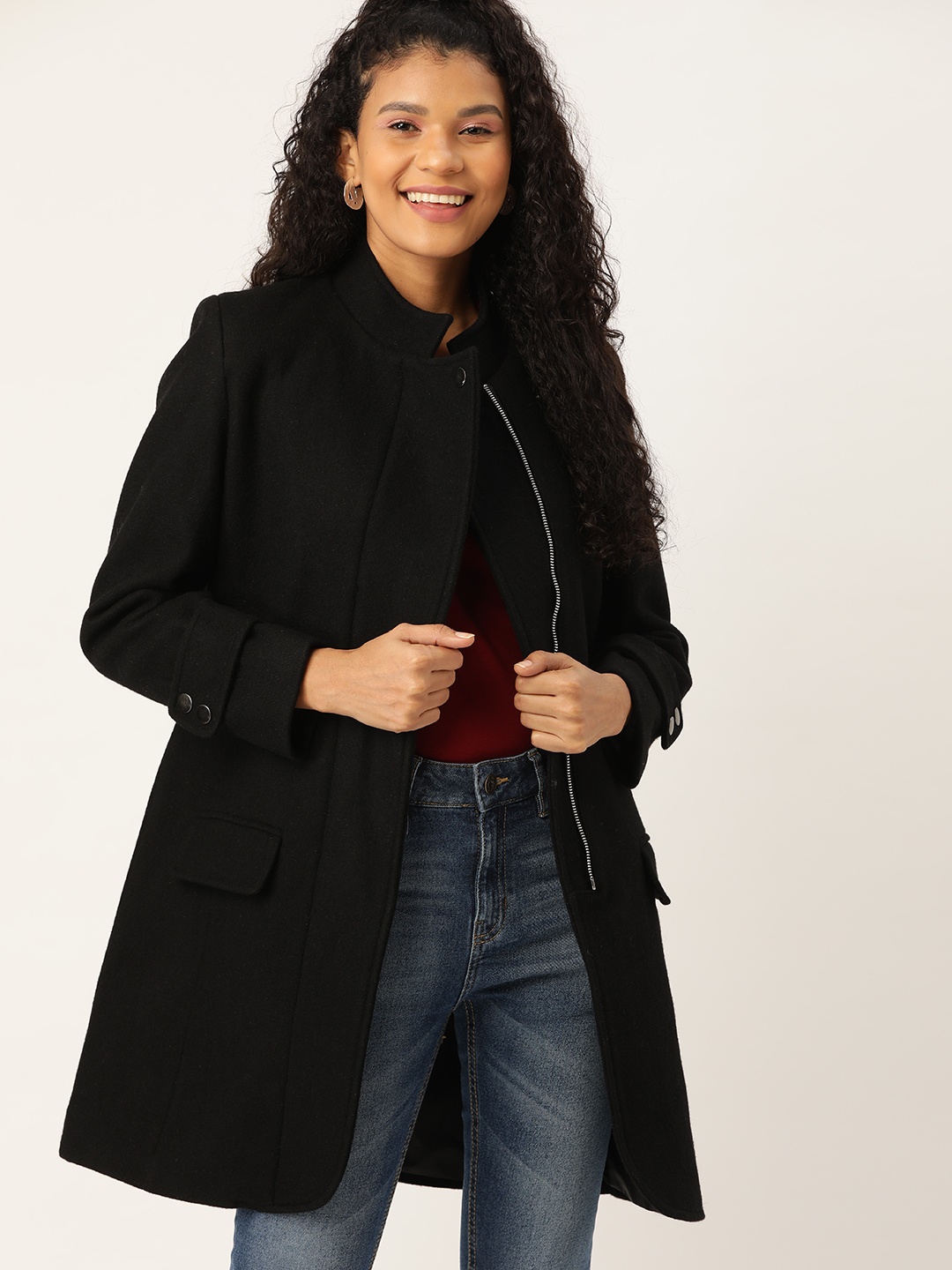 

DressBerry Women Black Solid Overcoat