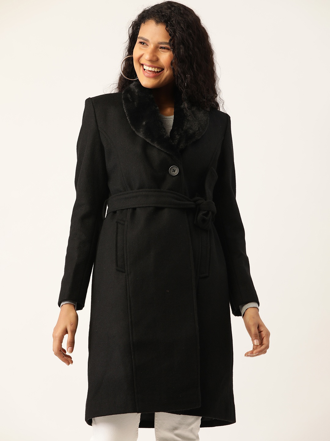 

DressBerry Women Black Solid Double-Breasted Knee-Length Faux Fur Trim Overcoat