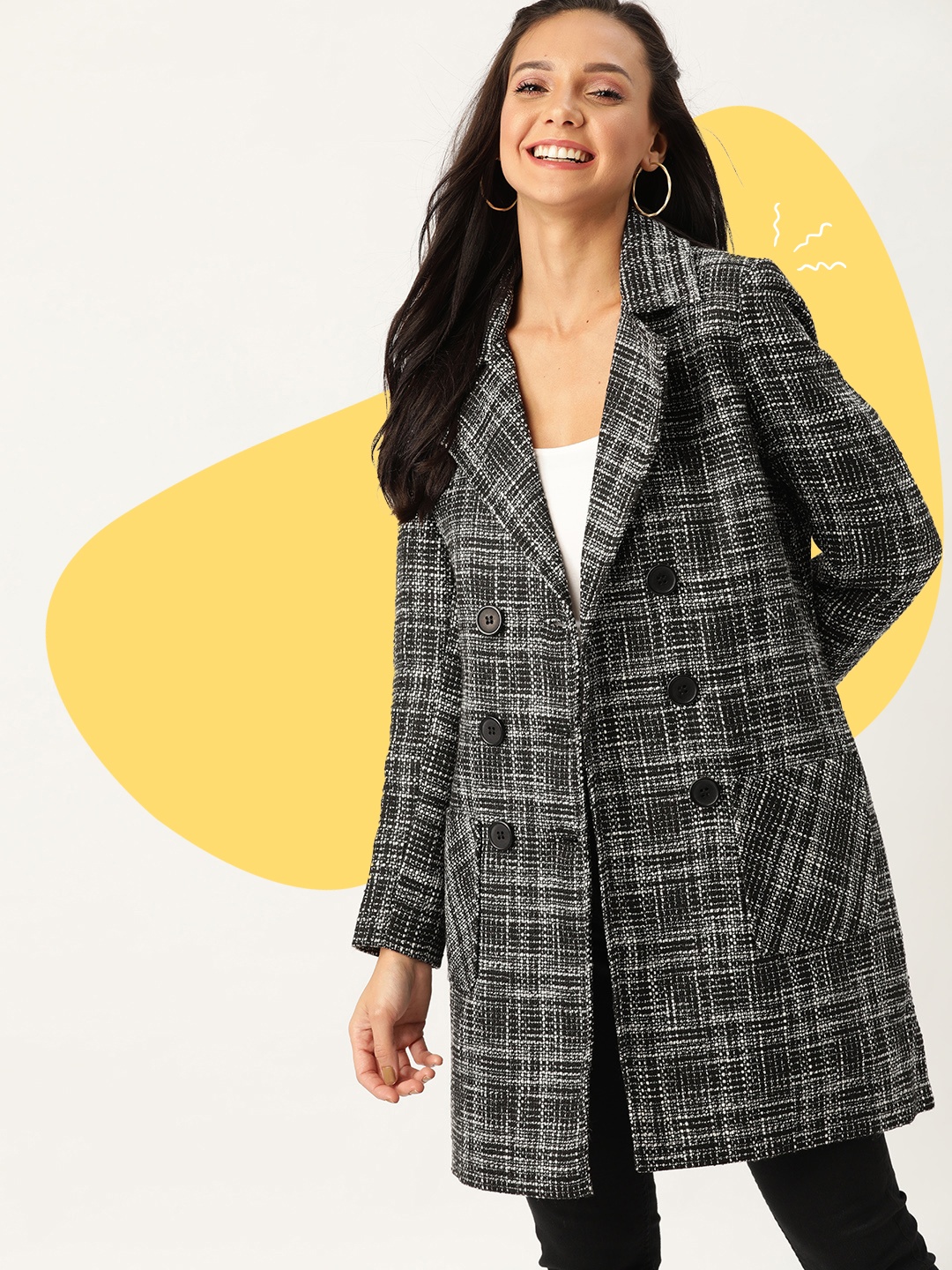 

DressBerry Women Black & White Self-Checked Double-Breasted Pea Coat