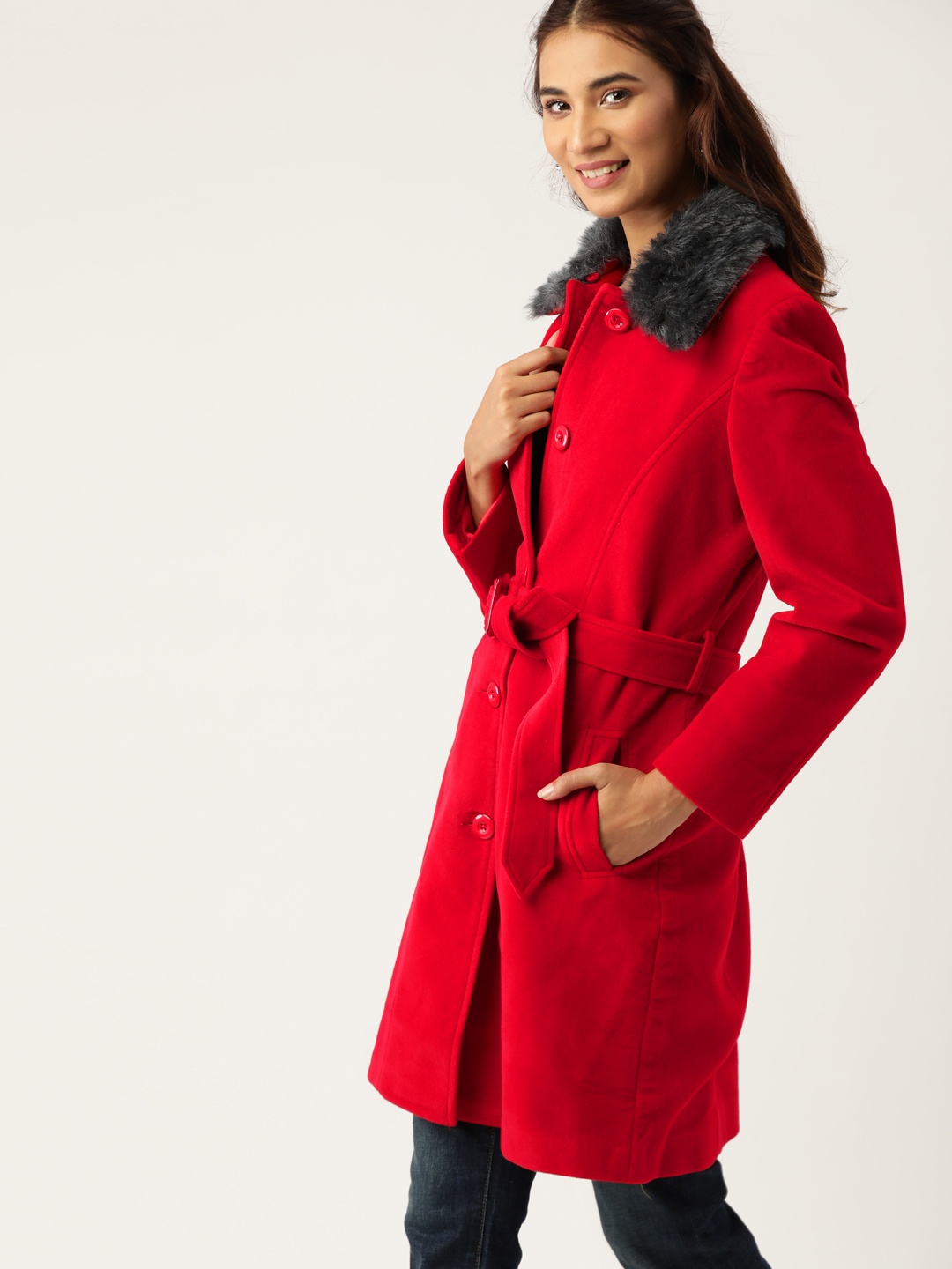 

DressBerry Women Red Solid Single-Breasted Knee-Length Faux Fur Trim Overcoat