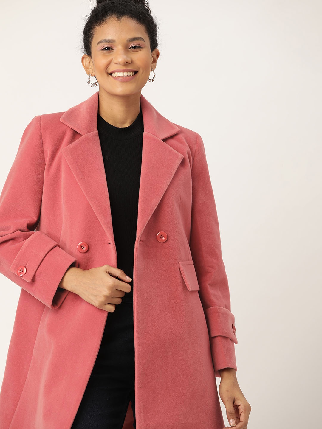 

DressBerry Women Pink Suede Finish Solid Longline Overcoat