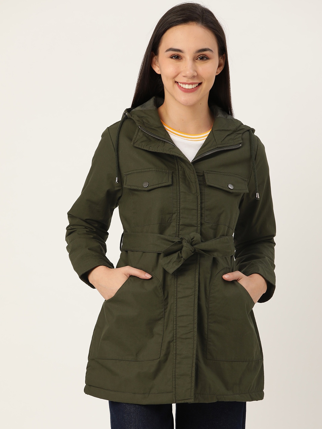 

DressBerry Women Olive Green Solid Hooded Coat