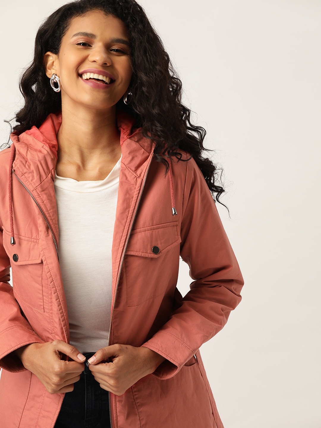 

DressBerry Women Peach-Coloured Solid Hooded Longline Jacket