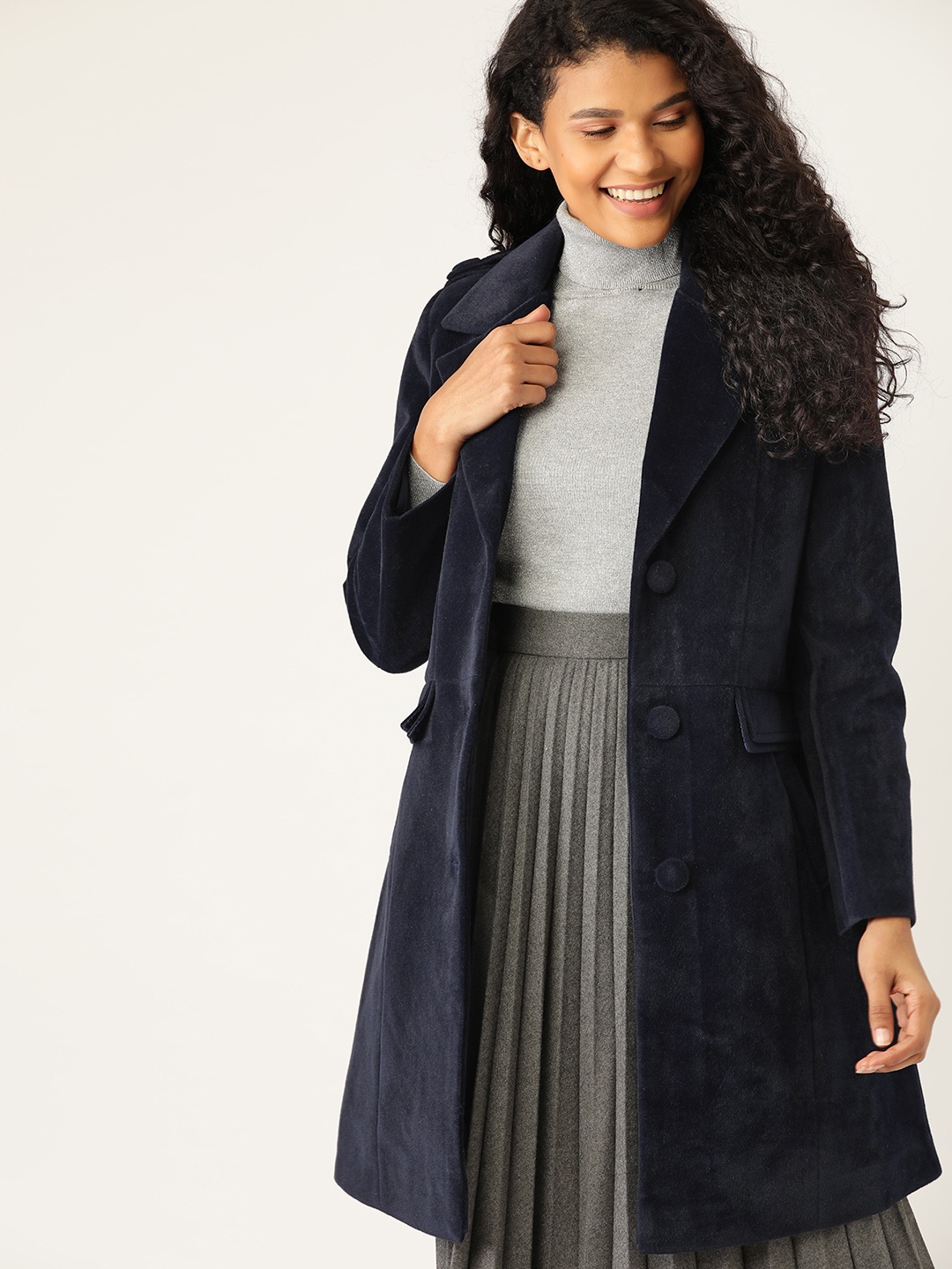 

DressBerry Women Navy Blue Solid Velvet Finish Overcoat