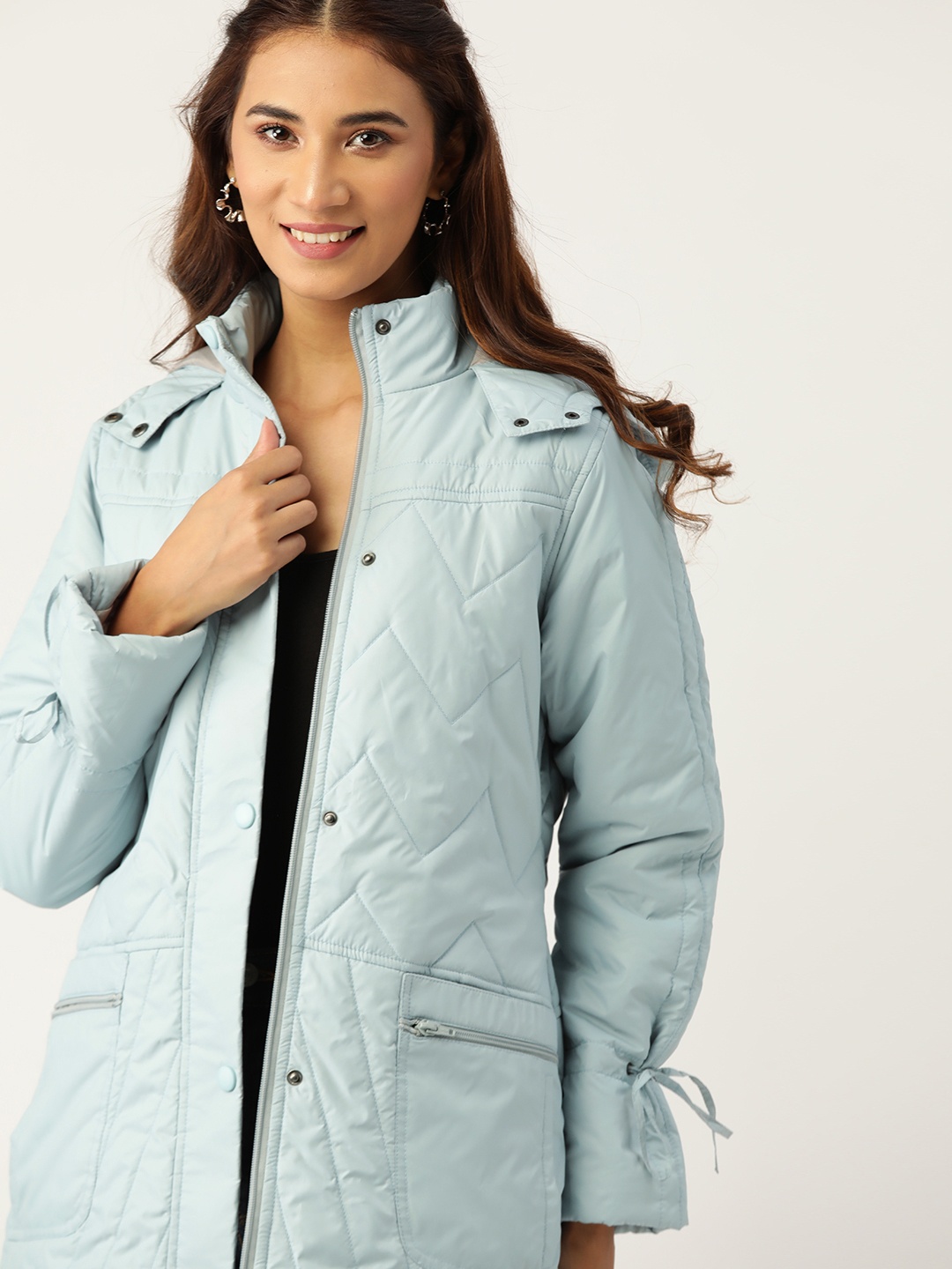 

DressBerry Women Blue Solid Padded Hooded Longline Jacket