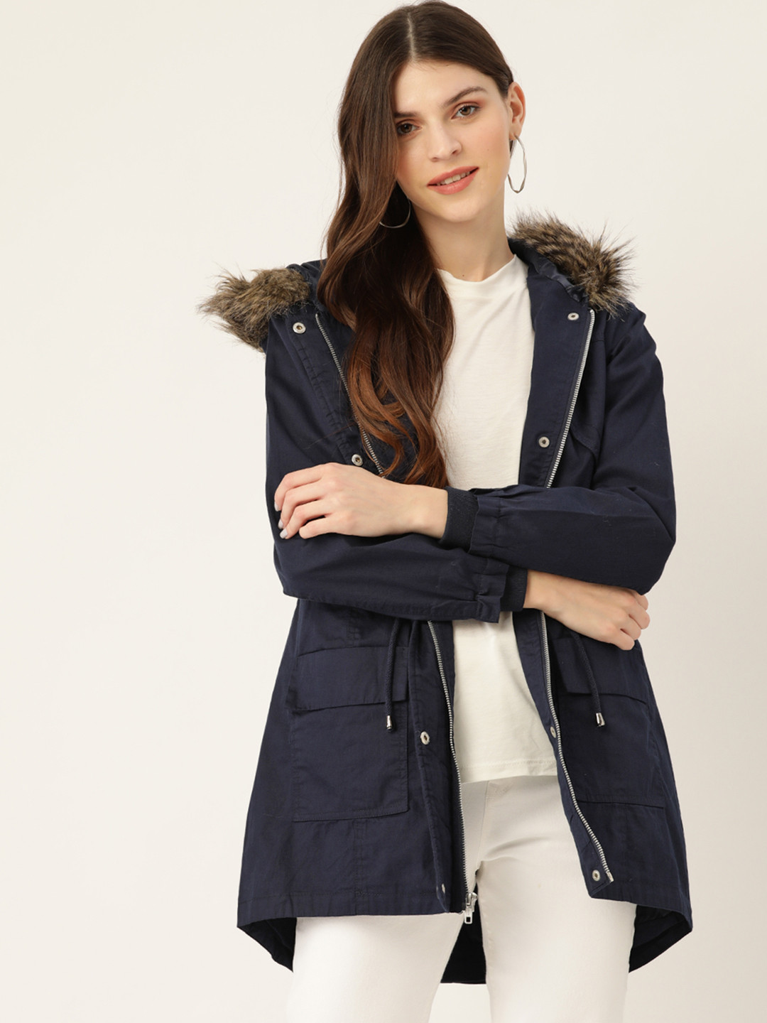 

DressBerry Women Navy Blue Solid Hooded Parka Jacket