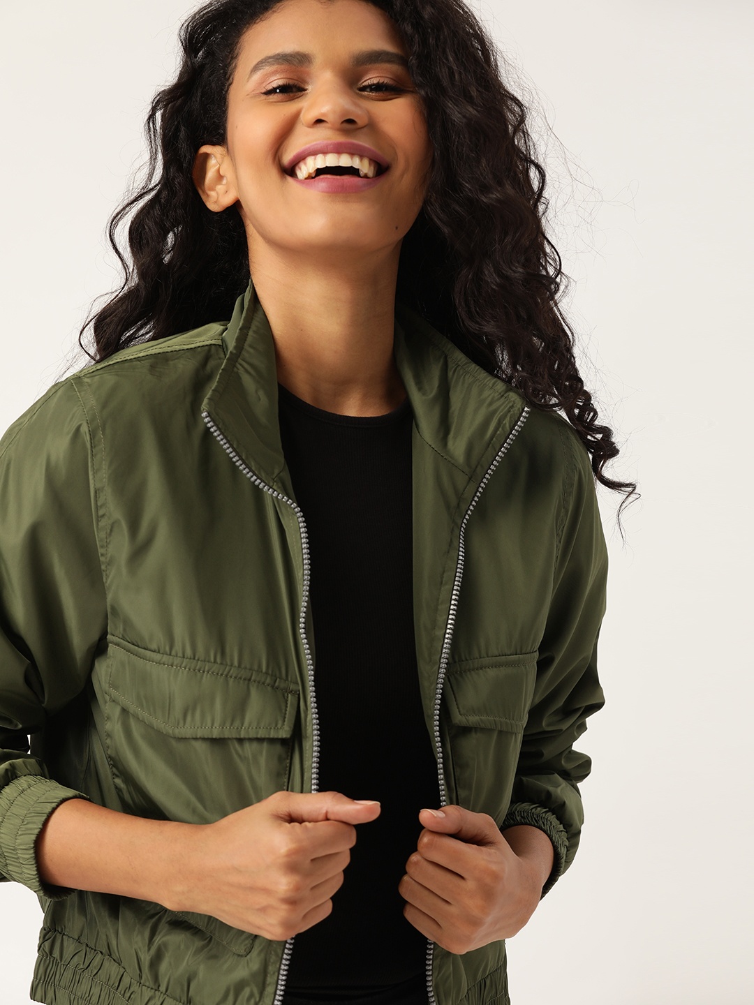 

DressBerry Women Olive Green Solid Bomber Jacket