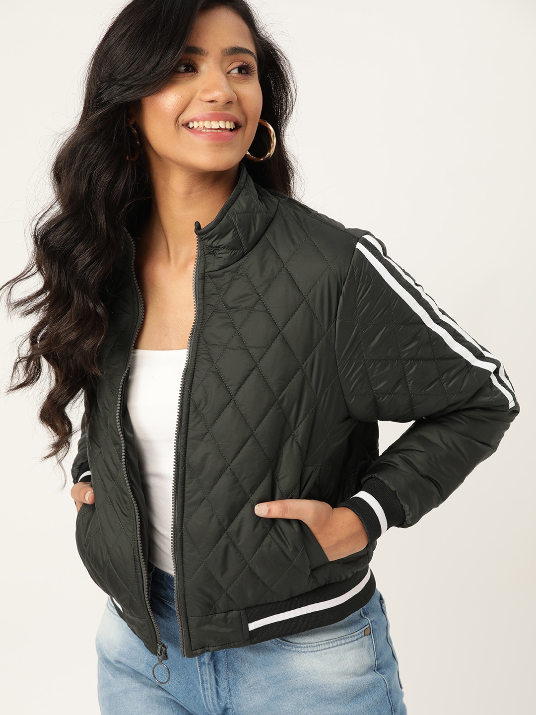 

DressBerry Women Olive Green Solid Quilted Bomber Jacket