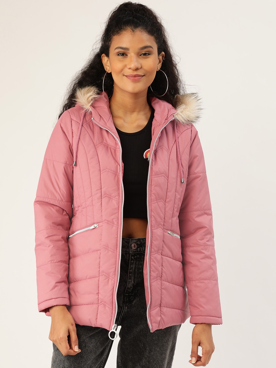 

DressBerry Women Pink Solid Quilted Hooded Parka Jacket