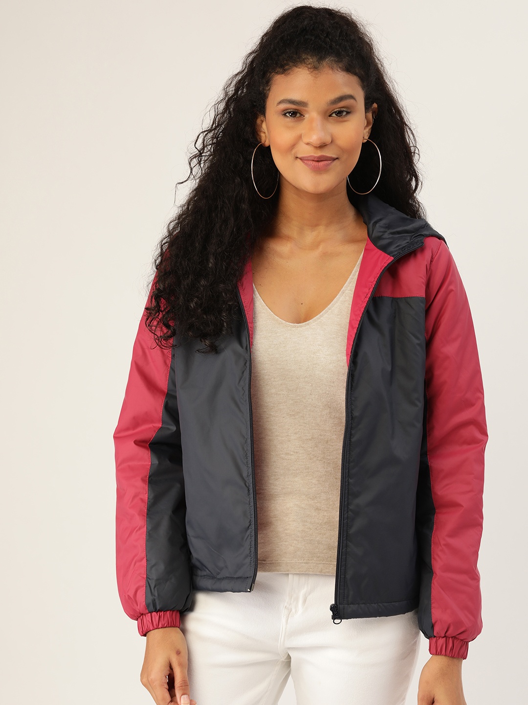 

DressBerry Women Navy Blue & Pink Colourblocked Hooded Padded Jacket