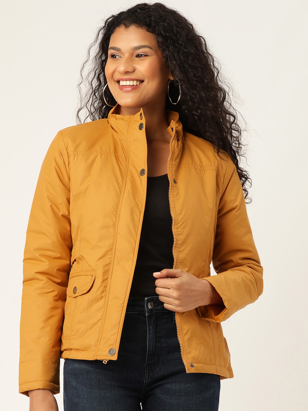 

DressBerry Women Mustard Yellow Solid Padded Jacket