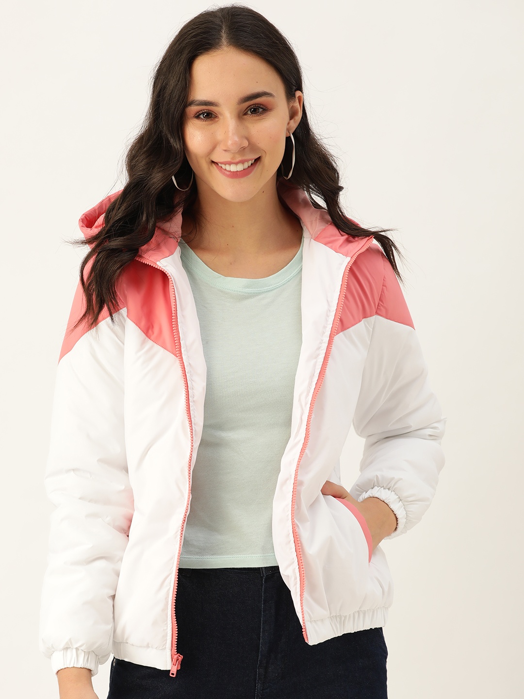 

DressBerry Women White & Pink Colourblocked Hooded Bomber Jacket