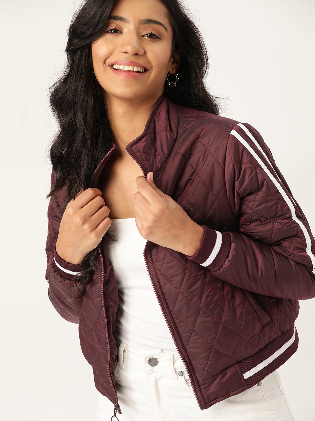

DressBerry Women Burgundy Solid Quilted Bomber Jacket