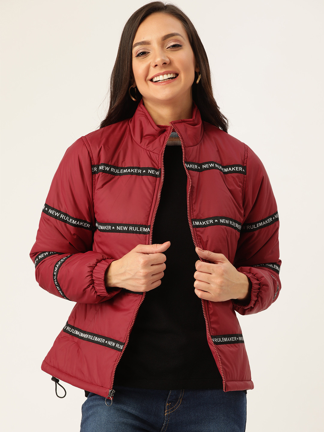 

DressBerry Women Maroon & Black Striped Padded Jacket