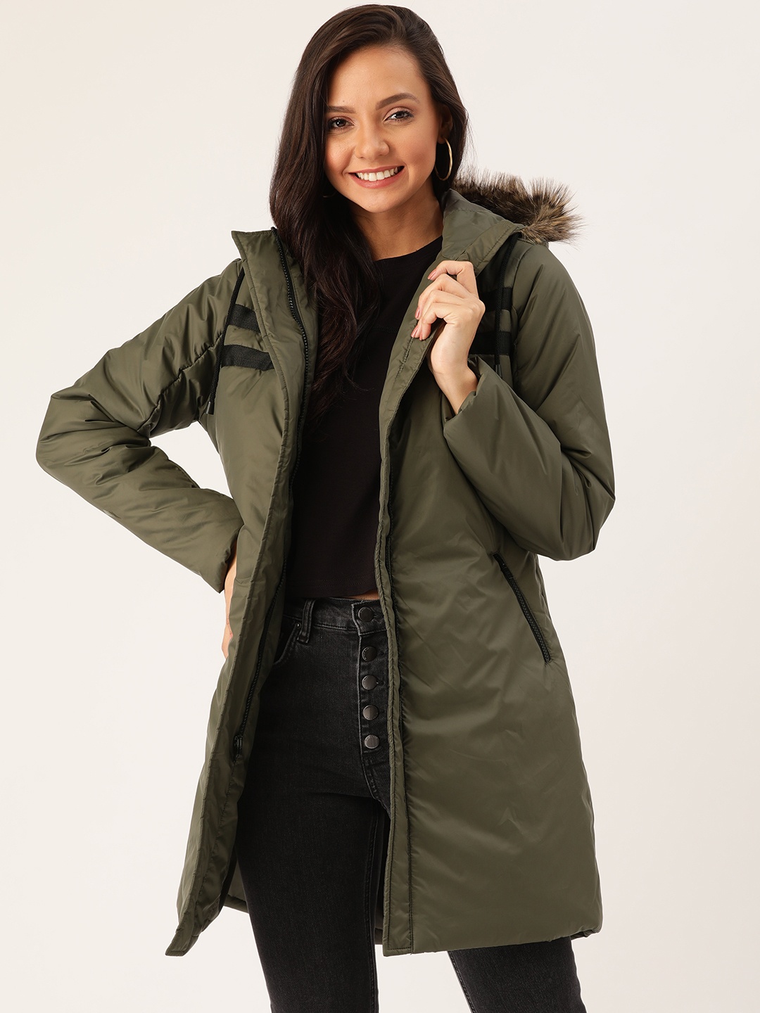 

DressBerry Women Olive Green Longline Solid Parka
